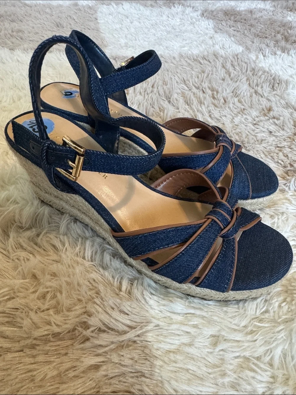 Tommy Hilfiger Navy Blue Wedge Sandals with Brown Trim
